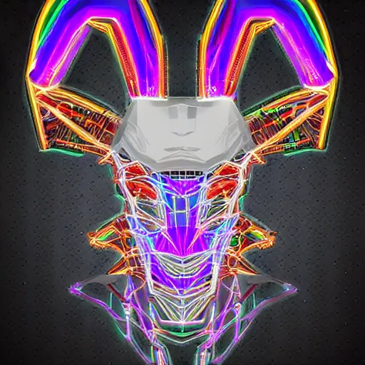 Prompt: cybernetic evil goat head merged with complex circuitry and machinery, multicolored, giger