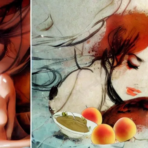 Image similar to A beautiful collage. In the dream, she is easting a peach, on Venus. The flesh is sweet and juicy, slightly bitter. It mingles with Sydan's taste in a delicious way. YouTube by Ashley Wood