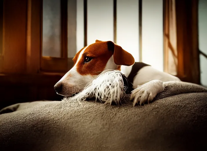 Image similar to photography of a Jack Russel . watching outside the window. on a bed. in a vintage room full of vinyls and posters.,volumetric light, photorealistic,, award winning photo, 100mm, sharp, high res