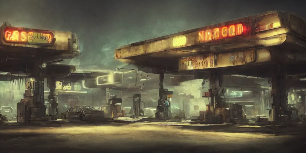 Prompt: a post apocalyptic gas station in the style of bladerunner, trending on artstation, vintage colors, volumetric lighting
