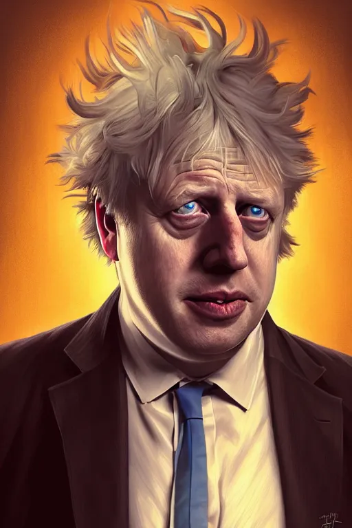 Image similar to Boris Johnson as a drunk genius Rick Sanchez, 2d portrait, symmetrical, highly detailed, digital painting, artstation, concept art, smooth, sharp focus, illustration, cinematic lighting, art by artgerm and greg rutkowski and alphonse mucha