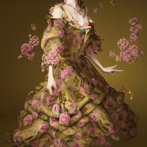 Image similar to 8k, octane render, realism, tonalism, renaissance, rococo, baroque, portrait of a young lady wearing long harajuku manga dress with flowers and skulls, background chaotic gold leaf flowers