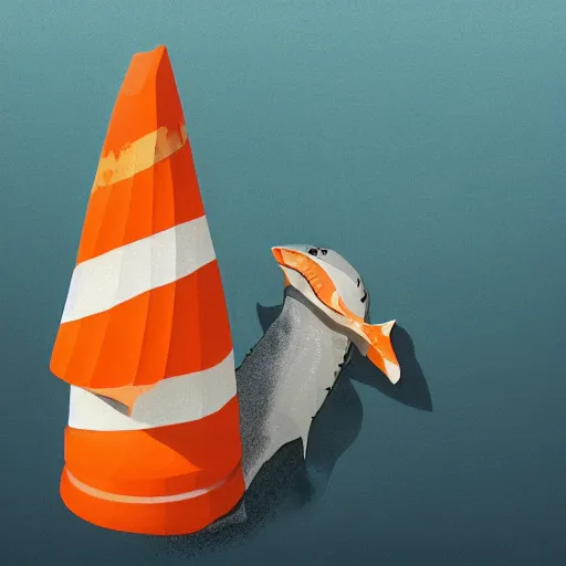 Prompt: broken orange and white striped traffic cone filled with shark teeth, ocean background detailed atmospheric - ron cheng & alphonse mucha, highly detailed, digital painting, ray tracing, concept art, illustration, smooth sharp focus, intricate, symmetry, artstation,