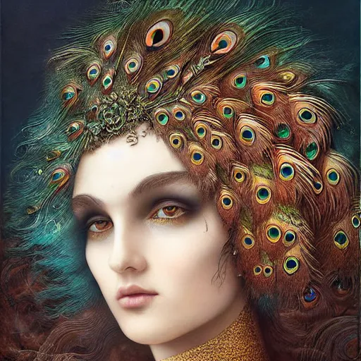 Prompt: dynamic composition, a painting of a woman with green eyes and hair made of peacock plummage, a surrealist painting by Tom Bagshaw and Jacek Yerga, featured on cgsociety, pop surrealism, surrealist, wiccan, pre-raphaelite, ornate gilded details