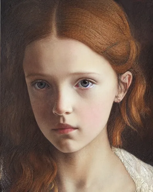 Image similar to a window - lit realistic portrait painting of a thoughtful girl resembling a young, shy, redheaded alicia vikander or millie bobby brown as an ornately dressed princess from the latest star wars movie, highly detailed, intricate, by leonardo davinci and boticelli