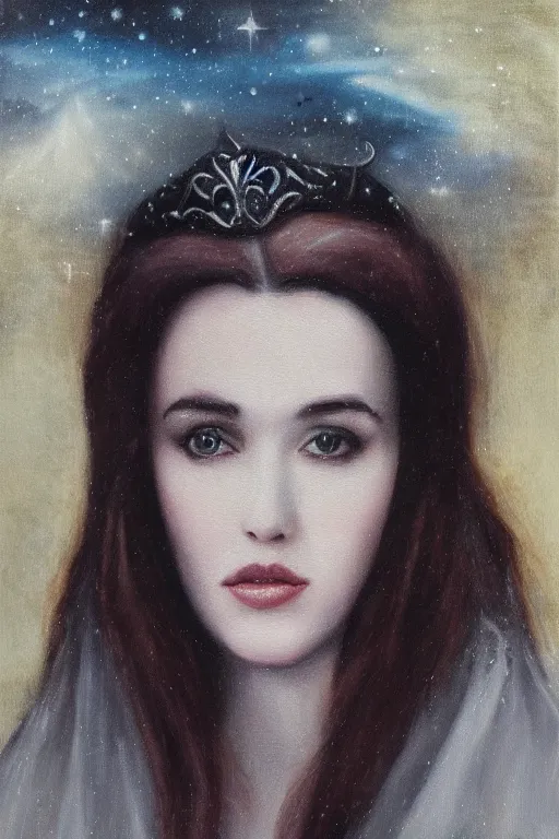 Image similar to hyperrealism oil painting, close - up portrait of isabelle adjani medieval brunette vampire fashion model, knight, steel gradient mixed with nebula sky, in style of baroque