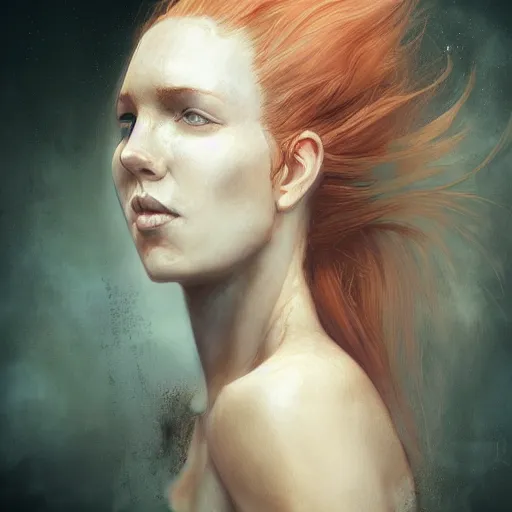 Image similar to portrait of woman with strawberry blond hair by bastien lecouffe - deharme and charles bowater, bangs, ponytail, black tank top