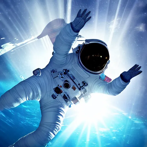 Image similar to an astronaut floating horizontally in the middle of deep underwater being hit by sun rays, trending on art station, atmosphere, concept art, photo realistic, high detailed