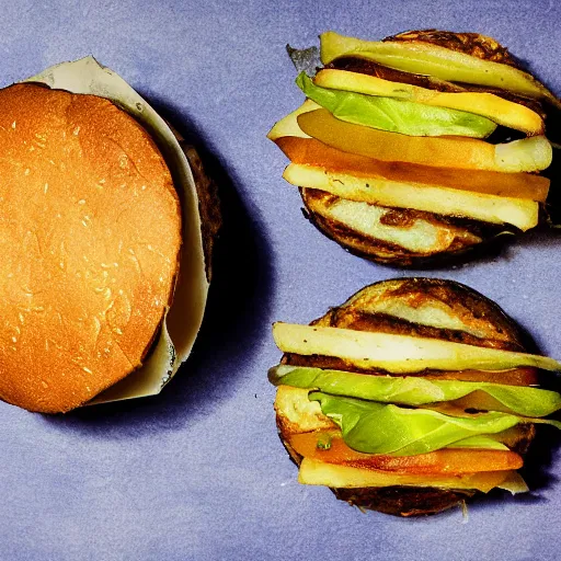 Image similar to potato burger, award winning photo, food photography, golden hour, holy