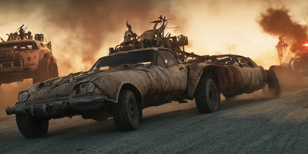 Prompt: mad max fury road film still with the dolorean, racing on a post apocalyptic highway, gta 5, fallout 4, rocket league, hyper detailed, forza, smooth, high contrast, volumetric lighting, octane, george miller, jim lee, vibrant rich deep color, comic book, ridley scott