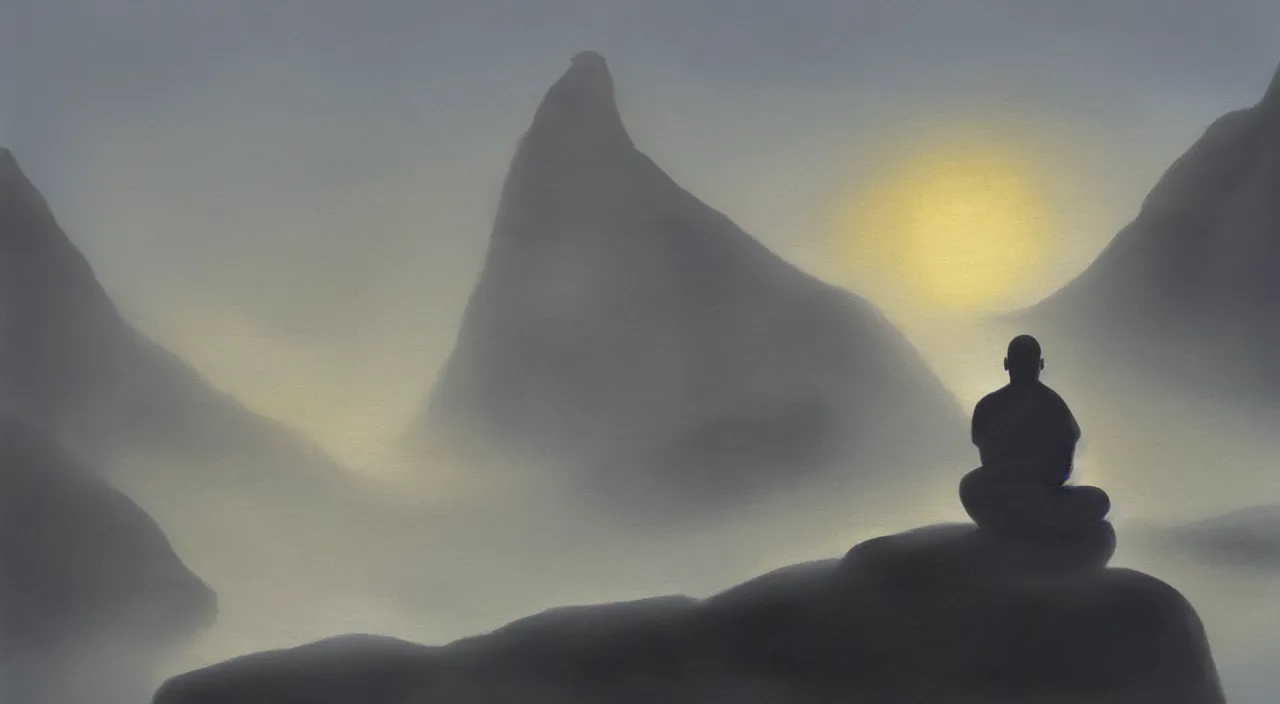 Prompt: anderson debernardi painted style a one silhouette of a meditating monk sitting in the fog on a stone protruding from the water in the rays of the morning sun