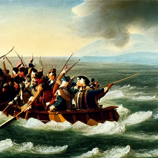 Image similar to Washington crossing the Delaware on the back of a sea serpent, oil on canvas, 1883