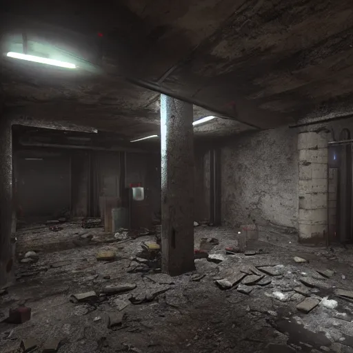 Prompt: a dark ransacked underground laboratory, photorealistic, cryengine