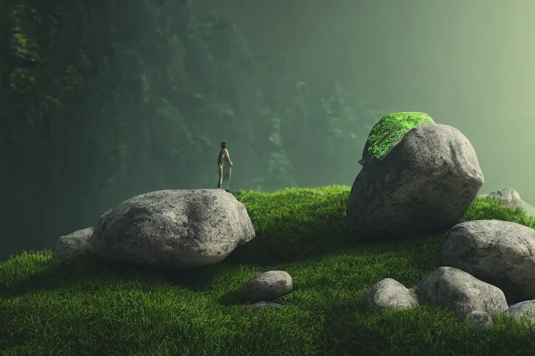 Image similar to levitating rocks in lush mountain forest, floating, octane render, cinematic, blade runner 2049, Imax, dramatic composition and lighting, strange, weird, award winning photography, dreamlike, 8k,