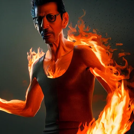 Image similar to hyperrealistic image of jeff goldblum on fire, by thomas eakes & xiang duan, perfect symmetry, dim volumetric lighting, photorealistic, 8 k octane beautifully detailed render, post - processing, extremely hyper - detailed, intricate, epic composition, cinematic lighting, masterpiece, trending on artstation, incredibly detailed, stunning,