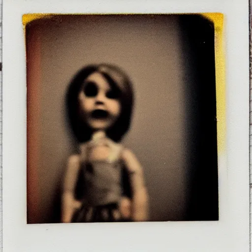 Image similar to aged polaroid photo of a scary doll in empty room, gloomy, grainy