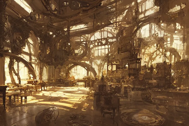 Prompt: alchemy workshop interior, intricate, elegant, highly detailed, john park, craig mullins, sparth, ruan jia, jeffrey catherine jones