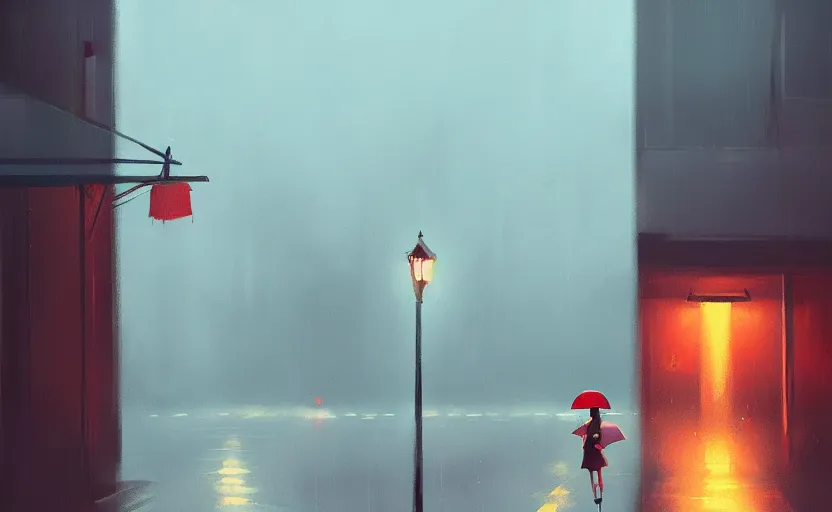 Prompt: a character holding an umbrella on rainy night on a lonely street by atey ghailan, trending on artstation