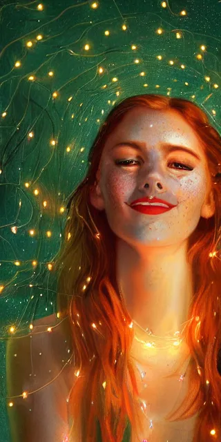 Image similar to a totally amazed smiling pretty woman surrounded by golden firefly lights in a mesmerizing scene, sitting amidst nature fully covered! intricate detailed bohemian outfit, long loose red hair, precise linework, accurate green eyes, small nose with freckles, beautiful smooth oval head, expressive emotions, hyper realistic ultrafine portrait by artemisia gentileschi, jessica rossier, greg rutkowski