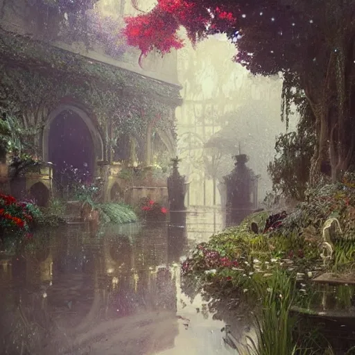 Prompt: a beautifull intricate garden, reflexions, raindrops, high details by william turner art, greg rutkowski and alphonse mucha, trending on artstation, very very detailed, masterpiece,