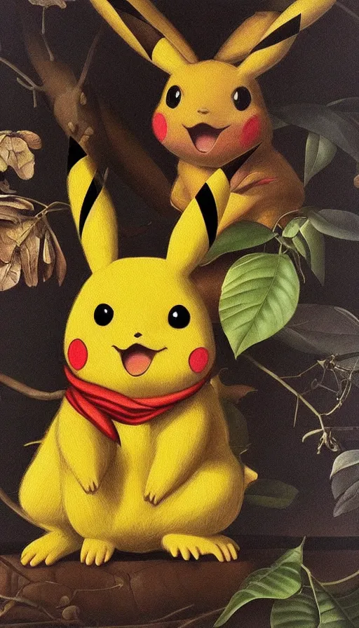 Prompt: hyperrealistic still life painting of Pikachu by Caravaggio, botanical print, forest background