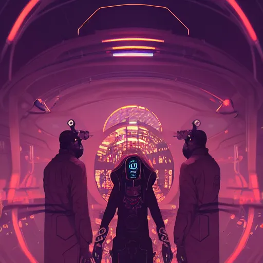 Image similar to a dark shrine of beautiful cyberpunk blindfolded supernatural deitys in a futuristic power plant, sci - fi concept art by bakaarts and darius puia and bartsy and sachin teng and pascal blanche and alphonse mucha and nekro and josan gonzalez, digital art, trending on artstation, 4 k, 8 k