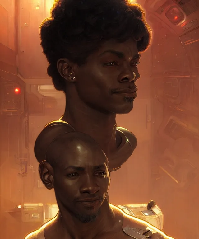 Prompt: Short muscular man in spacecraft loading bay, portrait, face, dark hair, black skin, sci-fi, intricate, elegant, highly detailed, digital painting, artstation, concept art, smooth, sharp focus, illustration, art by artgerm and greg rutkowski and alphonse mucha