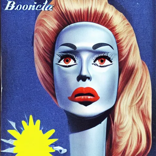 Prompt: menacing robot wearing blonde wig, 5 0's sci fi book cover