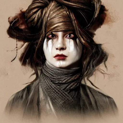 Image similar to portrait of a Shibari rope wrapped face and neck, headshot, insanely nice professional hair style, dramatic hair color, digital painting, of a old 18th century, tourist, wrap around eye patch, amber jewels, baroque, ornate clothing, scifi, realistic, hyper detailed, child, chiaroscuro, concept art, art by Franz Hals and Jon Foster and Ayami Kojima and Amano and Karol Bak,