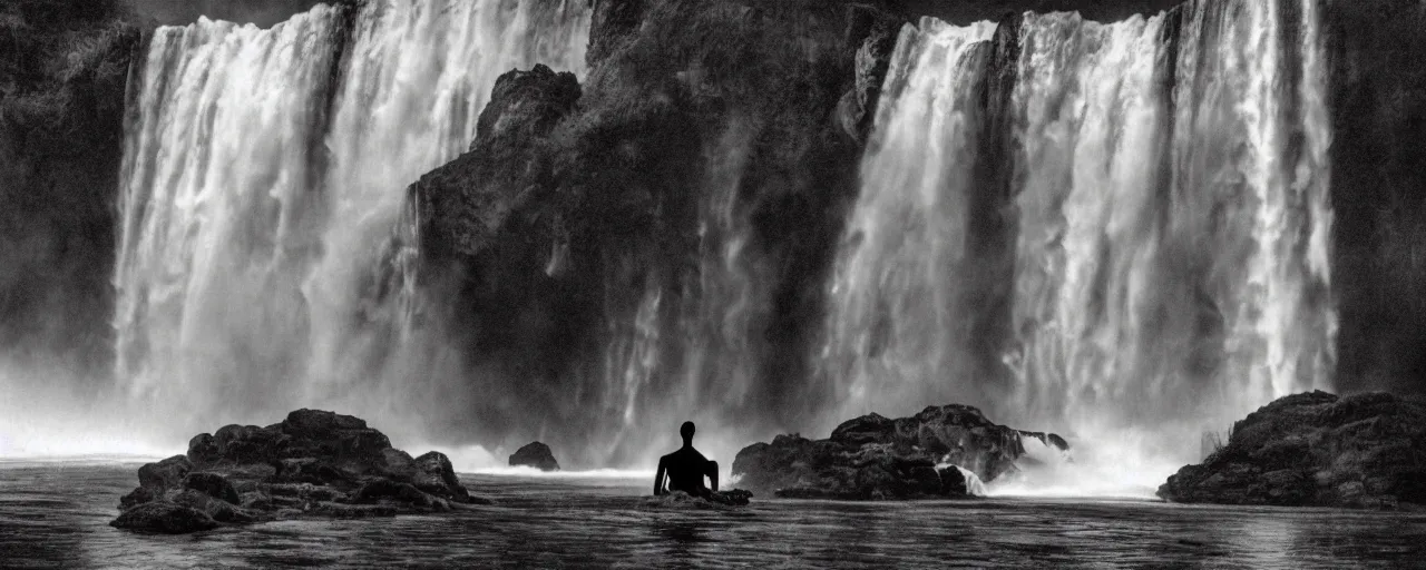 Prompt: dang ngo, annie leibovitz, steve mccurry, a simply breathtaking shot of mediating monk at one giant waterfall, wide shot, symmetrical