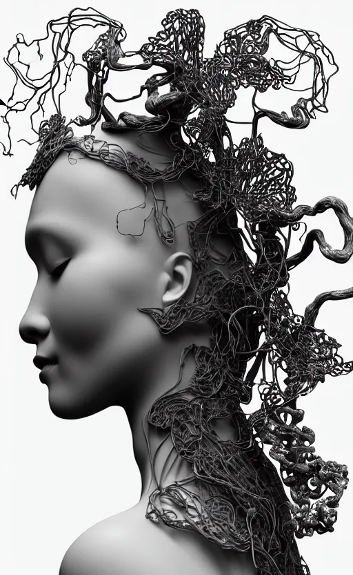 Image similar to black and white complex 3d render of 1 beautiful profile woman porcelain face, vegetal dragon cyborg, 150 mm, sinuous silver metallic ghost orchid flower stems, magnolia, roots, leaves, foliage, greenery, fine lace, maze-like, mandelbot fractal, anatomical, facial muscles, cable wires, microchip, elegant, highly detailed, black metalic carbon armour with silver details, rim light, octane render, H.R. Giger style, David Uzochukwu