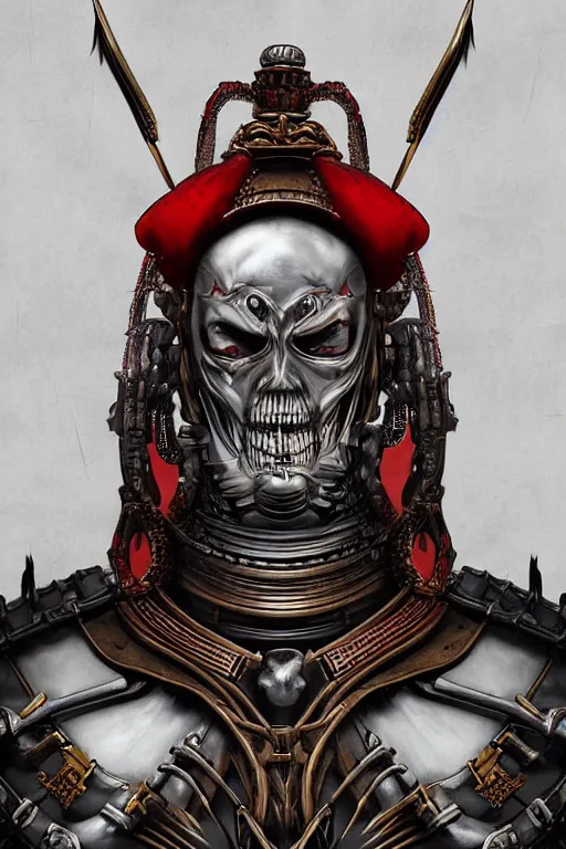 Prompt: digital painting low angle shot face portrait of samurai vampire by ayami kojima, hajime sorayama, tooth wu, in the style of dark - fantasy, samurai armour by h. r. giger, intricate detail, shogun, skull motifs, red, bronze, artgerm