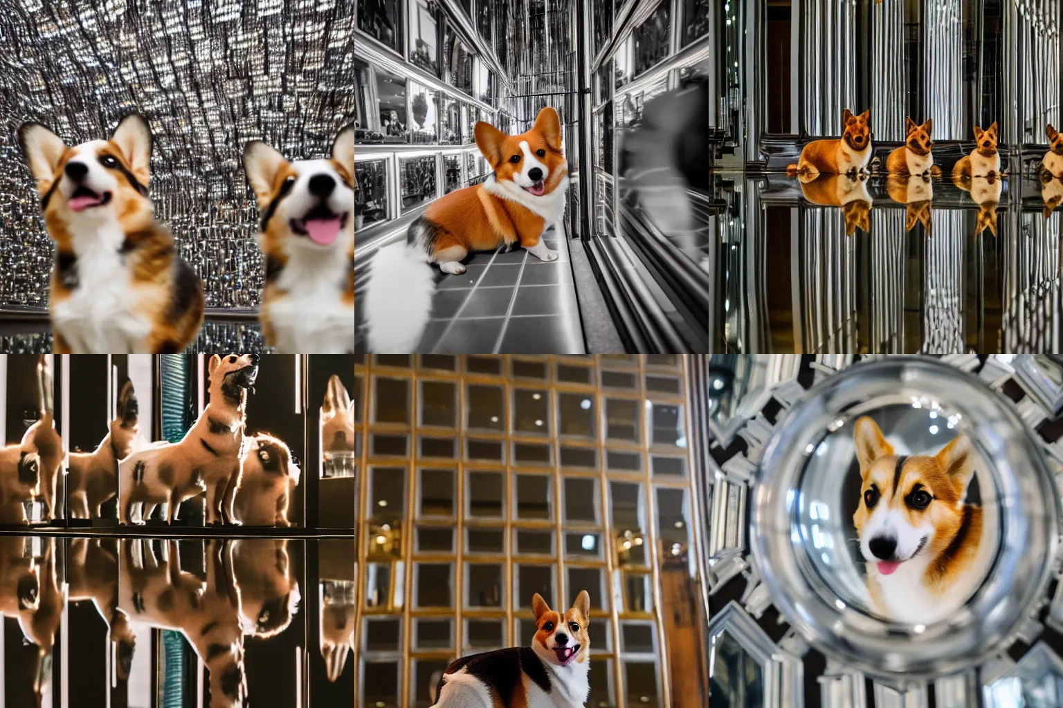 Prompt: closeup of corgi in a hall of mirrors, 4k, DSLR photo, architectural photography