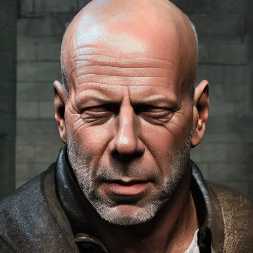 Image similar to Bruce Willis as blacksmith, wet face , heavy rain ,dramatic, intricate, highly detailed, concept art, smooth, sharp focus, illustration, Unreal Engine 5, 8K