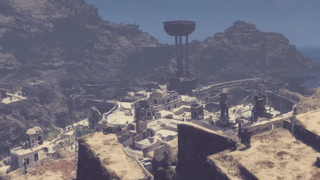 Image similar to Screenshot from Nier Automata, beautiful landscape in Santorini