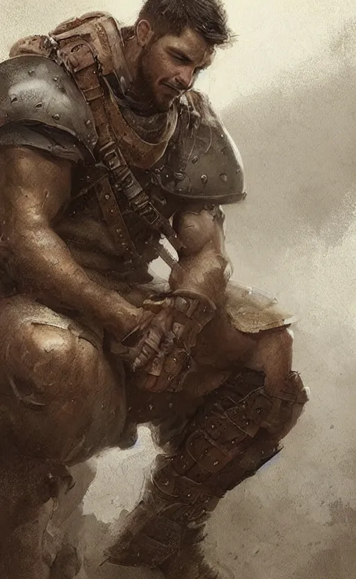 Image similar to Portrait of a rugged ranger sitting down, male, muscular, straight nose!!!, detailed face, handsome face, bare thighs!!!, simple clothing!!!!!, fantasy, medieval, highly detailed, cinematic lighting, digital art painting by greg rutkowski