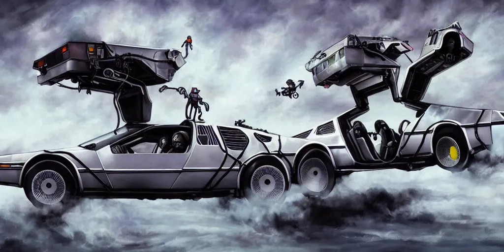 Image similar to robotic back to the future DeLorean with little robots attached to it flying around it big wheels matte painting artgerm