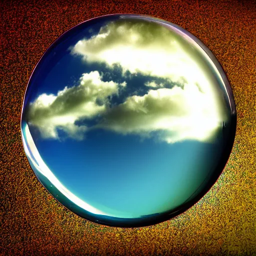 Image similar to A photograph of the Windows XP Bliss wallpaper inside of a giant floating soap bubble, floating in a blue and cloudy sky.