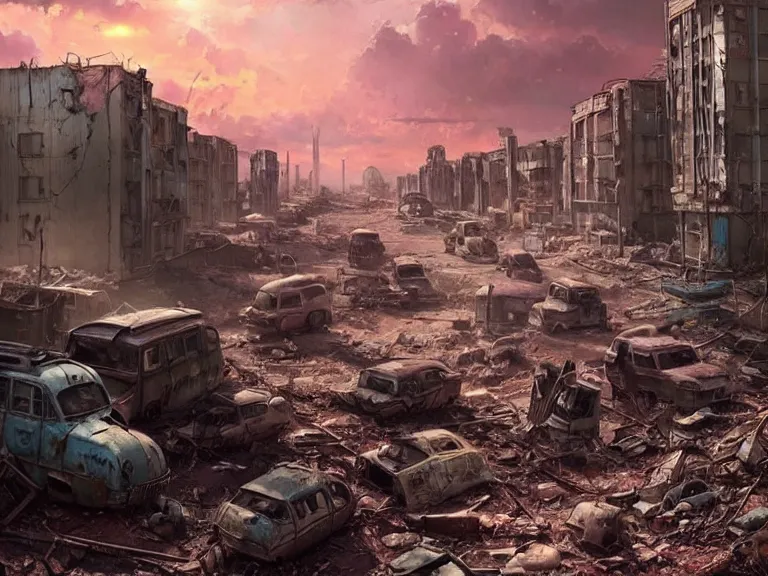 Prompt: postapocalyptic city of syzran!!!, in fallout style!!!, militaristic!!!, rubble, hyperrealistic, highly detailed, cinematic, pink sunlight, romantic, beautiful, cgssociety, artstation, 8 k, oil painting by greg rutkowski, by artgerm, by wlop