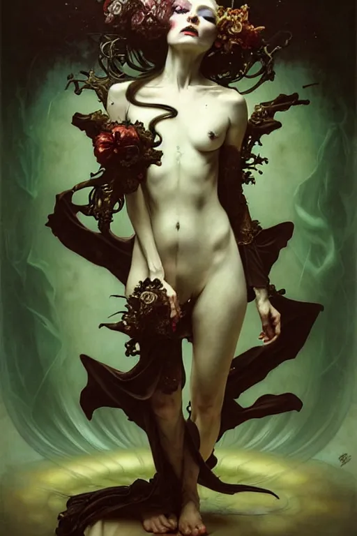 Image similar to baroque oil painting of full body vampire princess portrait, by nekro, peter mohrbacher, alphonse mucha, brian froud, yoshitaka amano, kim keever, victo ngai, james jean