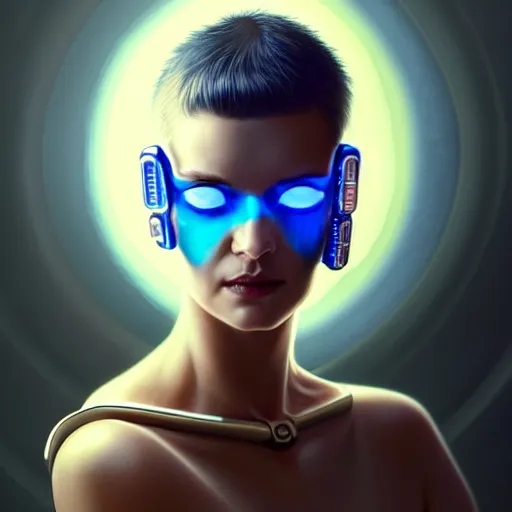 Image similar to woman with extremely large and intricate haircut with friendly blue eyes and slim features looking askance, eye cyberpunk bionics, retro futurist style, intricate, elegant gleaming jewelry, angelic halo, highly detailed, digital painting, artstation, concept art, smooth, sharp focus, illustration, art by wlop, mars ravelo and greg rutkowski,