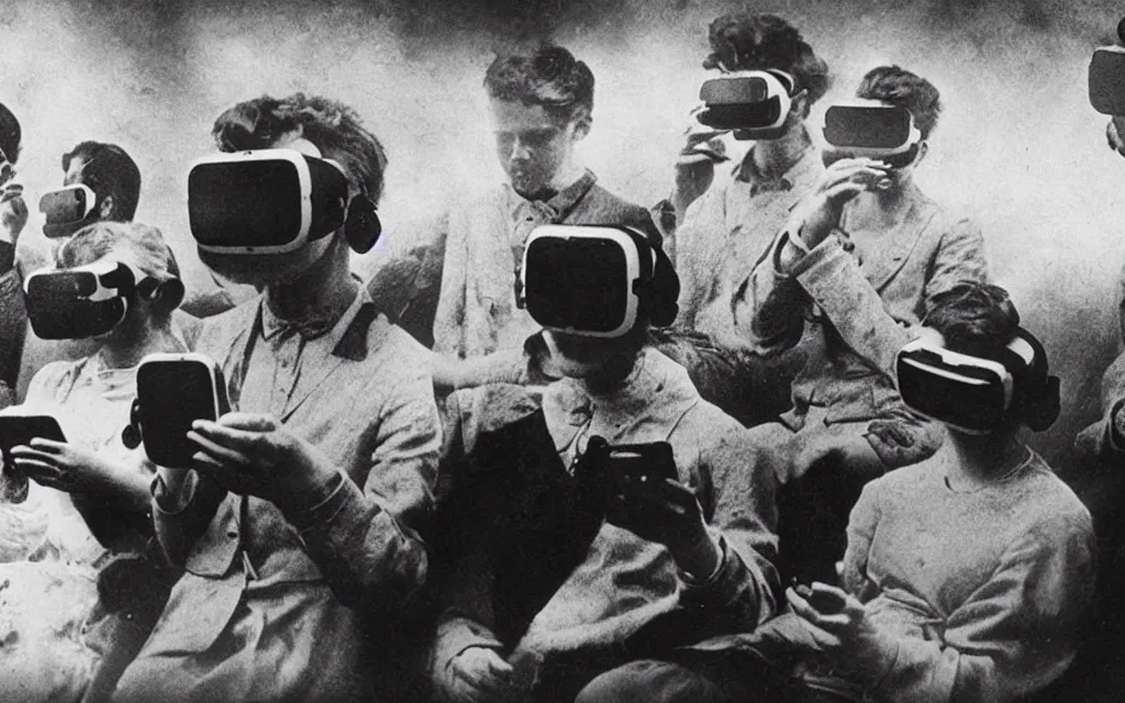 Image similar to 1 9 0 0 s photo of people using iphones ipods virtual reality headsets vr in a movie theater double exposure masterpiece