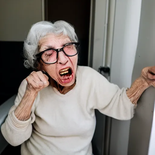 Prompt: elderly woman screaming on a toilet, canon eos r 3, f / 1. 4, iso 2 0 0, 1 / 1 6 0 s, 8 k, raw, unedited, symmetrical balance, wide angle