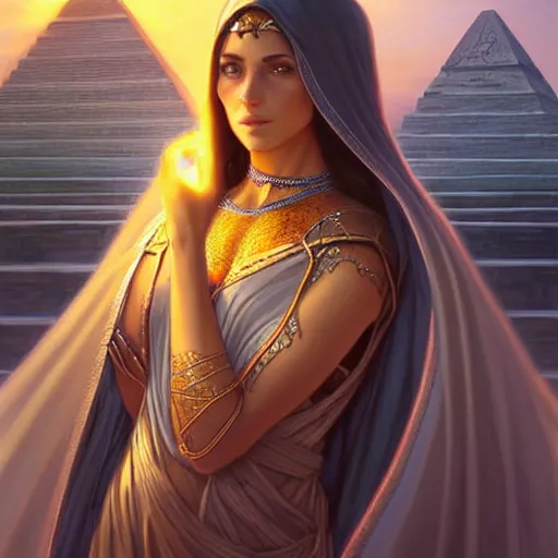 Image similar to portrait of isis as a beautiful cloaked sorceress, half body, perfect face, intricate, elegant, highly detailed, digital painting, artstation, concept art, smooth, sharp focus. temples towers and pyramids in the background. tiny people below. illustration, art by artgerm and greg rutkowski and alphonse mucha