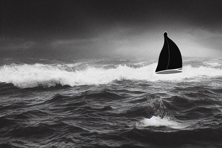 Prompt: a black and white photo of an ocean with a tiny ship in the waves, an album cover by hallsteinn sigurðsson, trending on behance, optical illusion, chillwave, concert poster, poster art