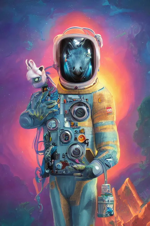 Prompt: A Retropunk Naturewave Defender, Llama in a spacesuit, beautiful realistic cinematic portrait, llama superhero character fashion design, by David Heskin and Paul Lehr and Josan Gonzalez and Russell Mills and Igor Kieryluk, Artgerm, WLOP, 8k, Hi-Fructose, masterpiece anthro illustration, daily deviation