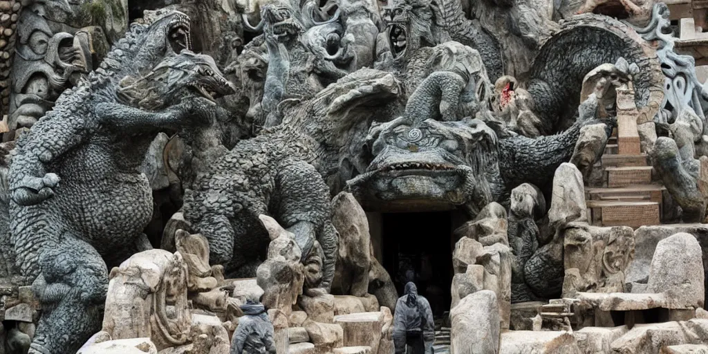 Prompt: a gigantis temple devoted to godzilla, stone carving ancient, worshipers bring offerings