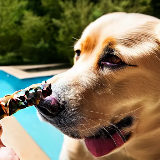 Image similar to a very detailed photo of a dog smoking a cigar outside the mansion by the pool