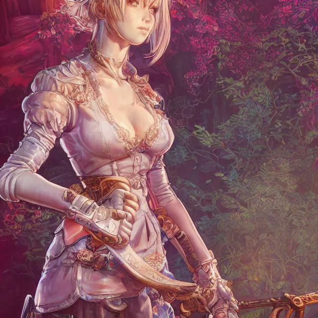 Prompt: the portrait of neutral good colorful female cleric bard as absurdly beautiful, gorgeous, elegant, skinny young gravure idol, an ultrafine hyperdetailed illustration by kim jung gi, intricate linework, sharp focus, bright colors, octopath traveler, unreal engine 5 highly rendered, global illumination, radiant light, detailed and intricate environment