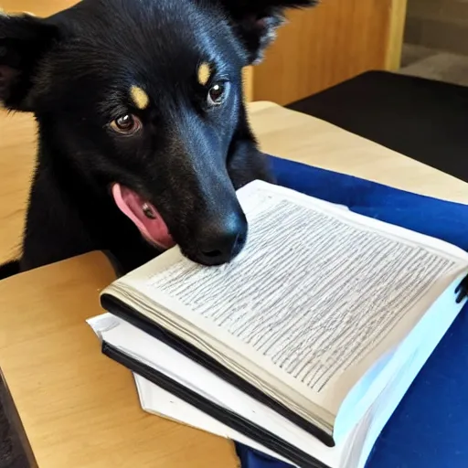 Prompt: photo of a dog eating homework